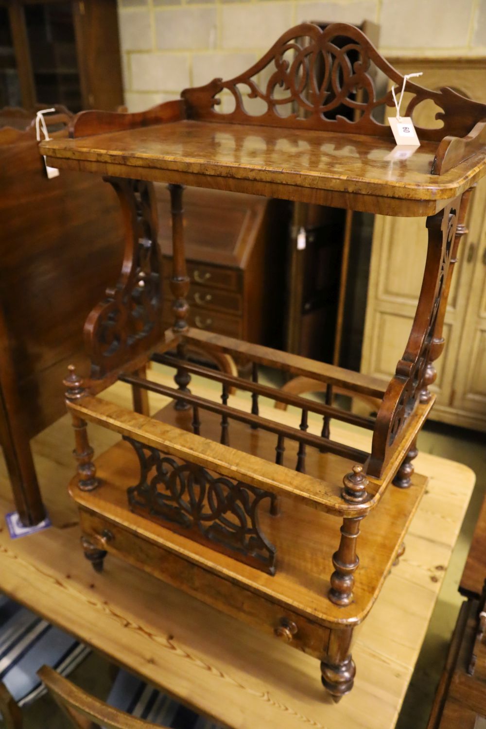 A Victorian burr walnut music Canterbury-cum-whatnot, fitted drawer to base, width 60cm depth 40cm height 105cm